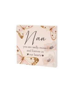 BUTTERFLY NAN MEMORY BLOCK WHITE WOOD WITH POPPIES++