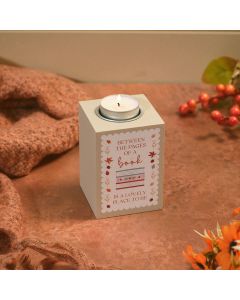 COSY CHAPTER WOOD TEA LIGHT HOLDER BETWEEN THE COVERS OF A BOOK IS A LOVELY PLACE TO BE