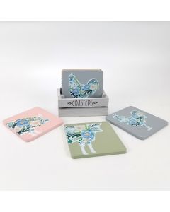 FLORAL FARM ANIMAL COASTER S/6 WOODEN WITH SILHOUETTE++