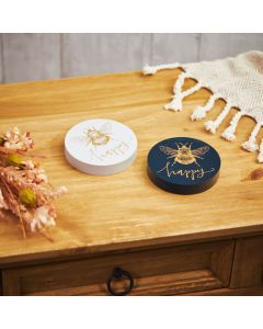 BEE HAPPY ROUND COASTER S/2 CHUNKY WOOD WITH GOLD BEE++