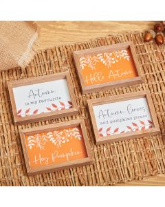 PUMPKIN PATCH FRAMED PLAQUE 4 ASSTD WOODEN WITH LEAF PATTERN+
