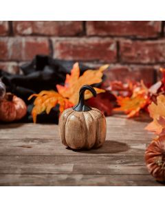 MANGO WOOD PUMPKIN ORNAMENT MEDIUM WITH BLACK STEM+