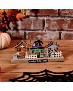SPOOKTACULAR HAUNTED HOLLOW 3 HOUSE WOODEN BLOCK ORNAMENT