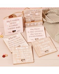 MUM PLAQUE 6 ASSTD 24/STAND NATURAL WOOD WITH CUTOUT HEART+