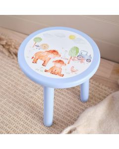 MINI FARM BLUE HIGHLAND COW AND TRACTOR ROUND 3 LEG WOOD STOOL