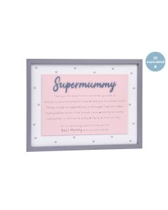 SUPERMUMMY FRAMED PLAQUE PINK & WHITE WOOD WITH HEARTS++