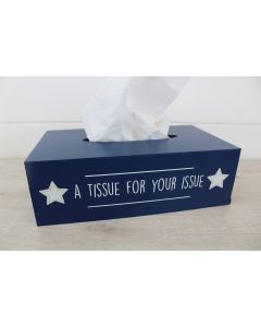 MENS TISSUE BOX DARK BLUE WOOD WITH QUOTE & WHITE STARS+++
