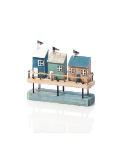 TRIPLE HOUSE ORNAMENT ON STILTS RUSTIC WOOD WITH FLAGS