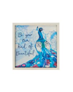 PEACOCK FRAMED PLAQUE BLUE & WHITE MOSIAC WOOD WITH QUOTE+++