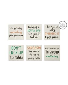 RUDE HUMOUR COASTER 6 ASSTD WHITE WOOD WITH SCRIPT QUOTE+