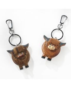 HIGHLAND COW KEYRING 2 ASSTD WOODEN WITH GREY HORNS