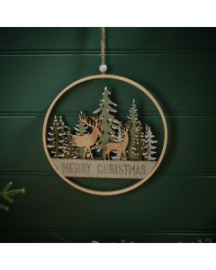 EVERGREEN CUT OUT WOODLAND STAG SCENE ROUND WOOD HANGER