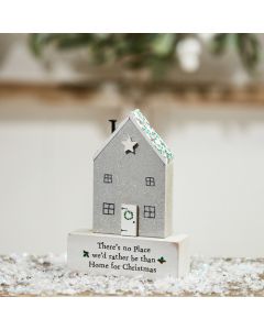 XMAS HOUSE BLOCK WITH HOLLY ROOF GREY WOOD