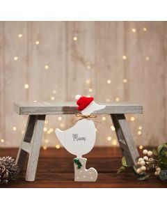 XMAS MUM DUCK ORNAMENT WHITE WOOD WITH TAUPE BOOT & 3D HOLLY+++